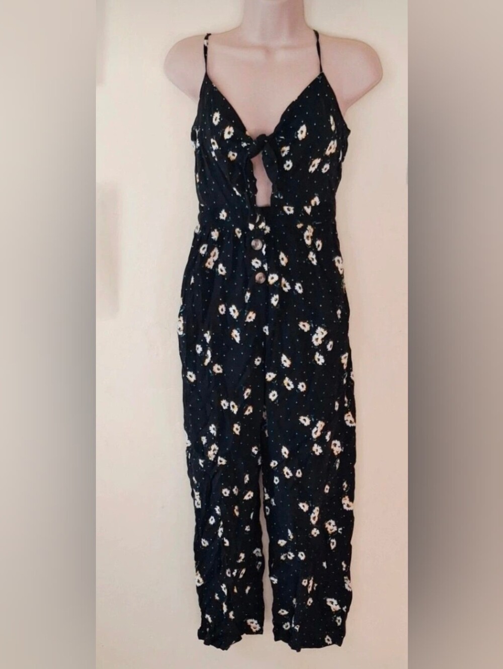 Mimi Chica Black Floral Tie-Front Spaghetti-Strap Jumpsuit